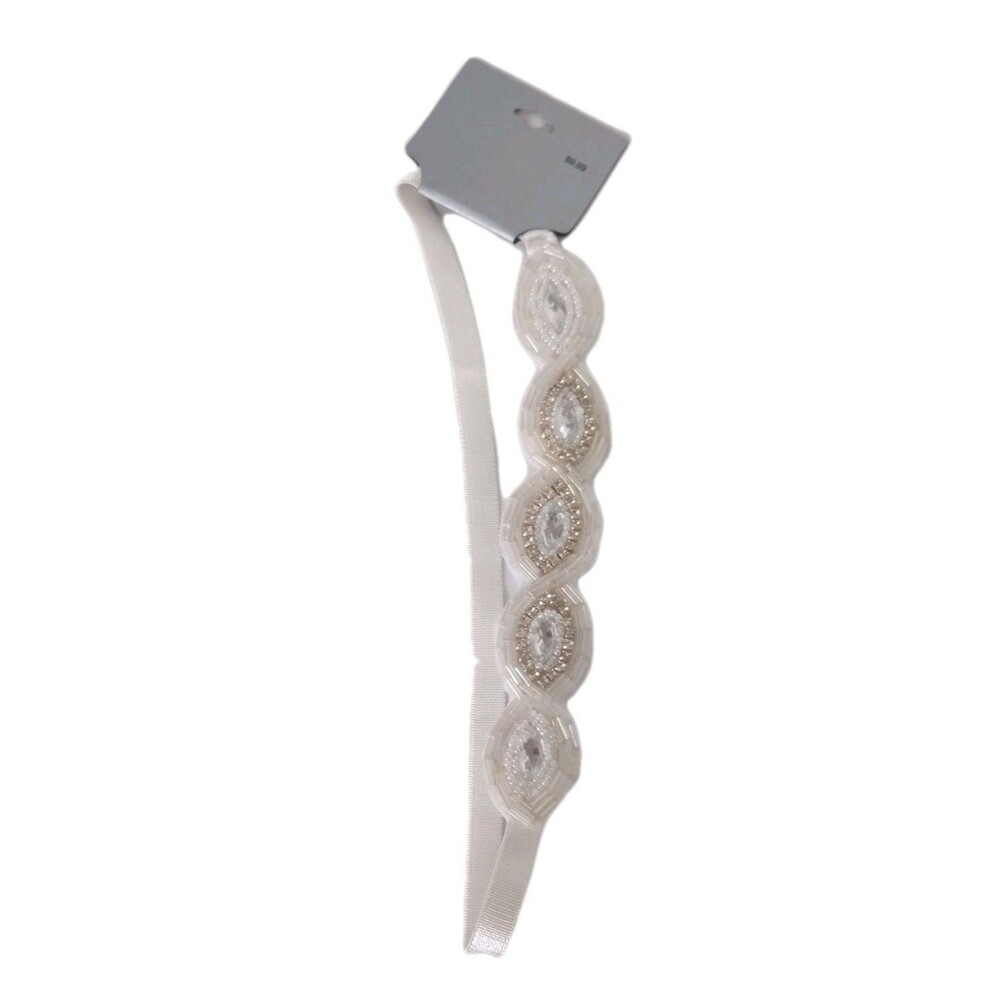 NWT White Beaded Oval Design Elastic Headband One Size Fits Most